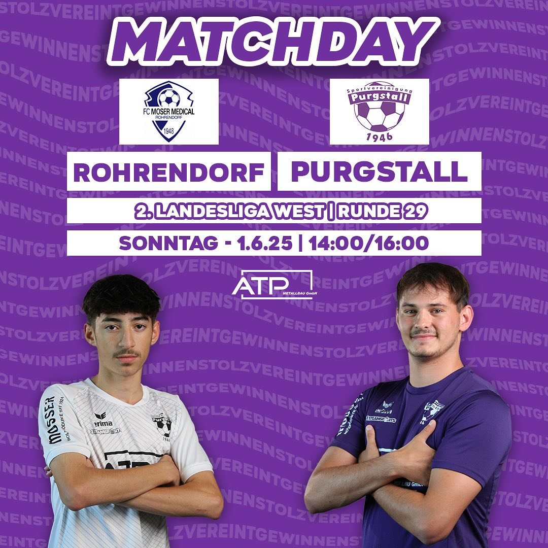MATCHDAY IN ROHRENDORF💜🤍
🆚 FC Rohrendorf
🏆 2.LL West 2024/25 | Runde 29
🗓️ Sonntag, 01.06.25
🕓 U23: 14:00 | KM: 16:00
📍 Moser Medical Arena, Rohrendorf
#svg #stolz #verteint #gewinnen #atp #metallbau #purgstall #forzasvg