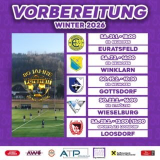 Das ist der SVg-Spielplan für die kommenden Wochen der Winter-Vorbereitung💜🤍
• Sa. 31.1. - 18:00 - KM:Euratsfeld
• Sa. 7.2. - 14:00 - KM:Winklarn
• So. 15.2. - 10:30 - KM:Gottsdorf
• So. 22.2. - 16:00 - U23:Wieselburg KM2
• So. 22.2. - 16:00 - KM:Wieselburg
• Sa. 28.2. - 13:00 - U23:Loosdorf U23
• Sa. 28.2. - 15:00 - KM:Loosdorf
Änderungen sind vorbehalten!
#svg #stolz #vereint #gewinnen #atp #metallbau #purgstall #forzasvg #winter #vorbereitung