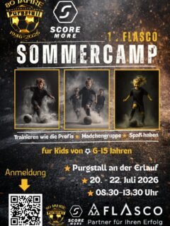 Spaß, Fußball und Sommerfeeling pur! ⚽☀️
Beim 1. FLASCO Sommercamp 2026 - presented by Scoremore & der SVg Purgstall erleben fußballbegeisterte Kinder drei unvergessliche Tage voller Bewegung, Teamgeist und gezielter sportlicher Weiterentwicklung. Unter professioneller Betreuung qualifizierter Trainer trainieren die Spielerinnen und Spieler alters- und leistungsgerecht – mit viel Freude am Spiel.
Ein besonderes Highlight ist unsere eigene Mädelsgruppe, betreut unter anderem von Nationalteamspielerin Almedina Sisic.
Inklusive gesunder Verpflegung, Camp-T-Shirt und Trinkflasche – sei dabei und starte perfekt in den Fußballsommer!
MELDE DICH JETZT AN unter svg-purgstall.at/sommercamp-2026