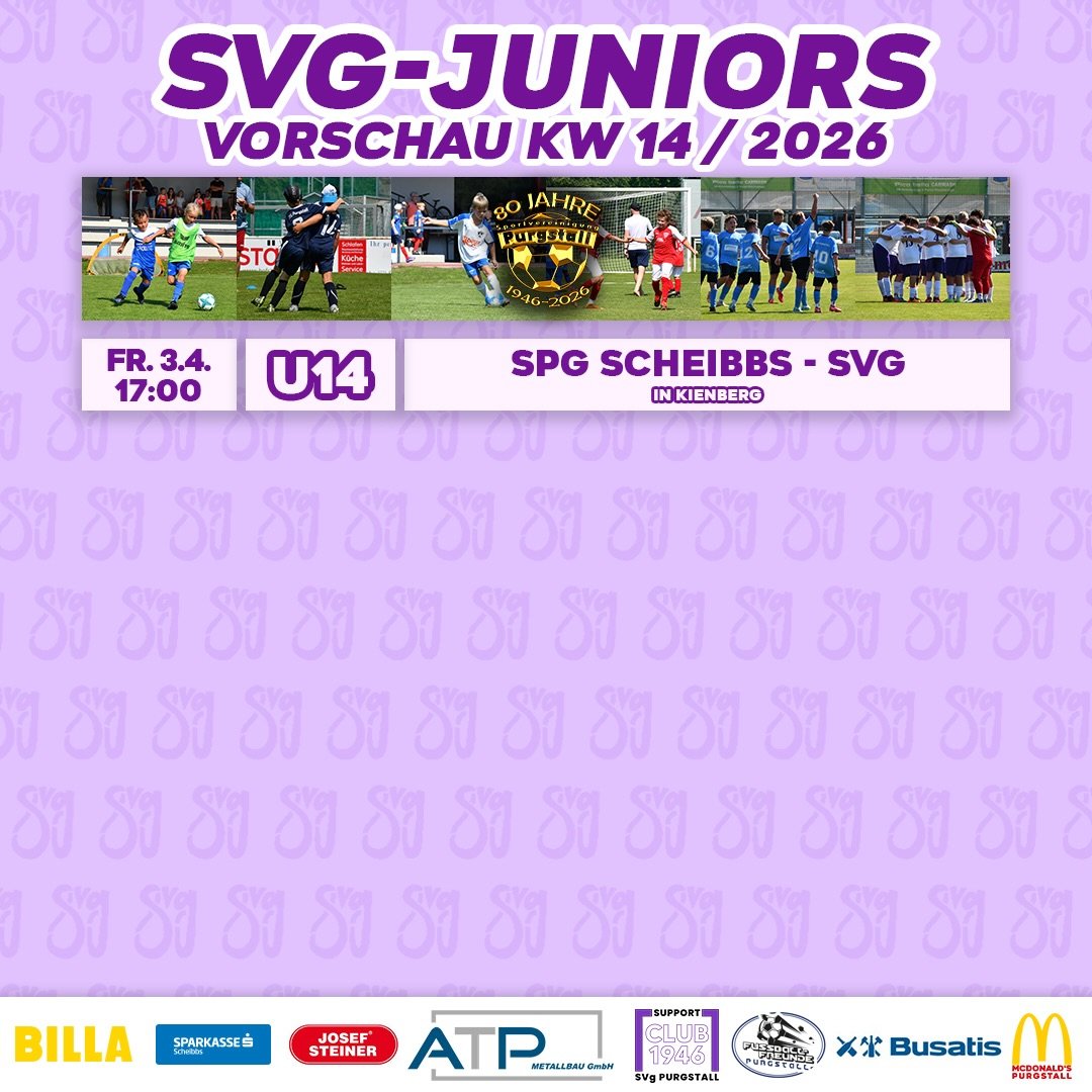 SVg JUNIORS VORSCHAU KW14💜🤍
Dieses Wochenende steigt unsere U14 in den Meisterschaftsbetrieb ein - und das gleich mit einem echten Derby!💪🏻