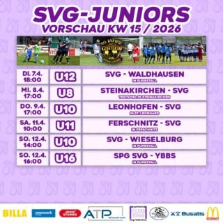 SVg JUNIORS VORSCHAU KW15💜🤍
Diese Woche tut sich wieder einiges bei unserem Nachwuchs!