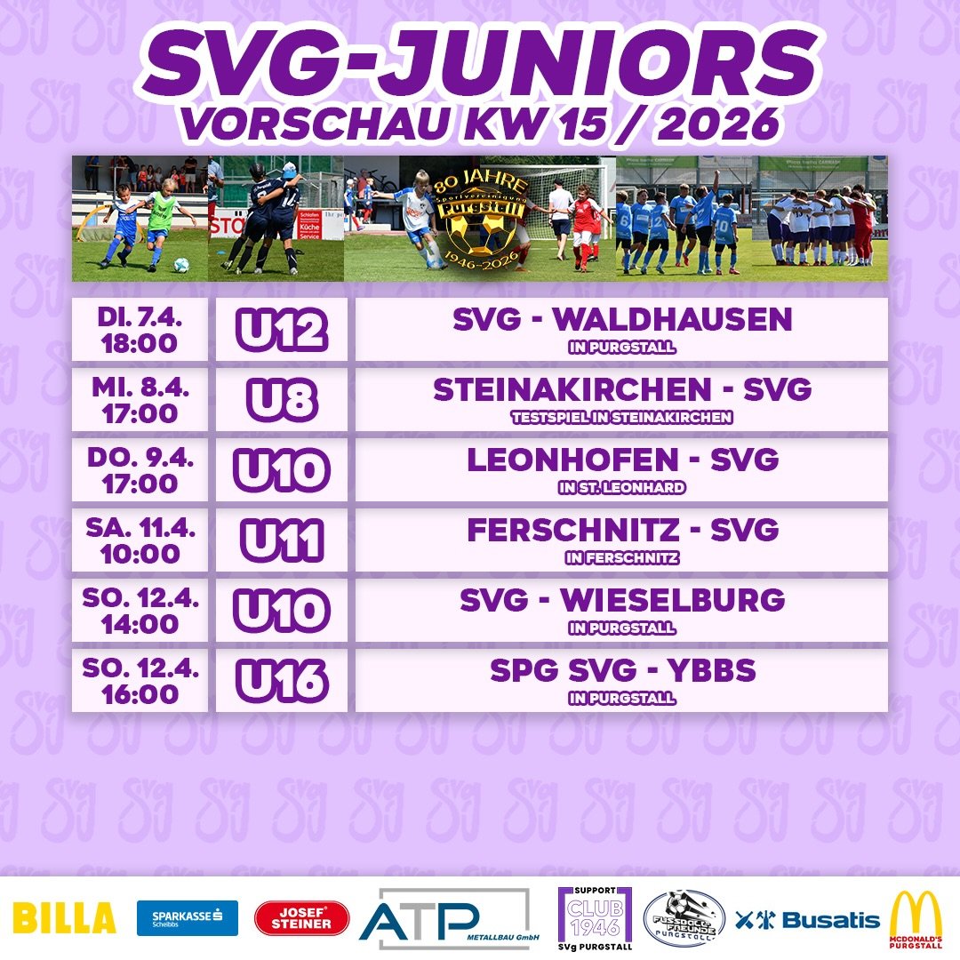 SVg JUNIORS VORSCHAU KW15💜🤍
Diese Woche tut sich wieder einiges bei unserem Nachwuchs!