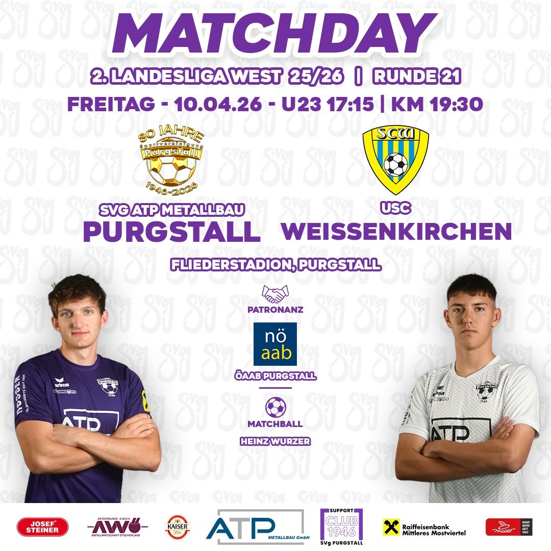 MATCHDAY💜🤍
🆚 USC Weissenkirchen
🏆 2. Landesliga West 2025/26
🏅 Runde 21
🗓️ Freitag, 10.04.26
🕓 U23: 17:15 | KM: 19:30
🏟️ Fliederstadion
📍 Purgstall an der Erlauf
🤝 Patronanz: ÖAAB Purgstall
⚽ Matchball: Heinz Wurzer