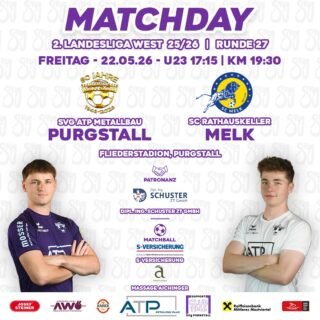 DERBYTIME IM FLIEDERSTADION💜🤍
🆚 SC Melk
🏆 2. Landesliga West 2025/26
🏅 Runde 27
🗓️ Freitag, 22.05.26
🕓 U23: 17:15 | KM: 19:30
🏟️ Fliederstadion
📍 Purgstall an der Erlauf
🤝 Patronanz: Dipl. Ing. Schuster ZT GmbH
⚽ Matchball: S-Versicherung & Massage Aichinger