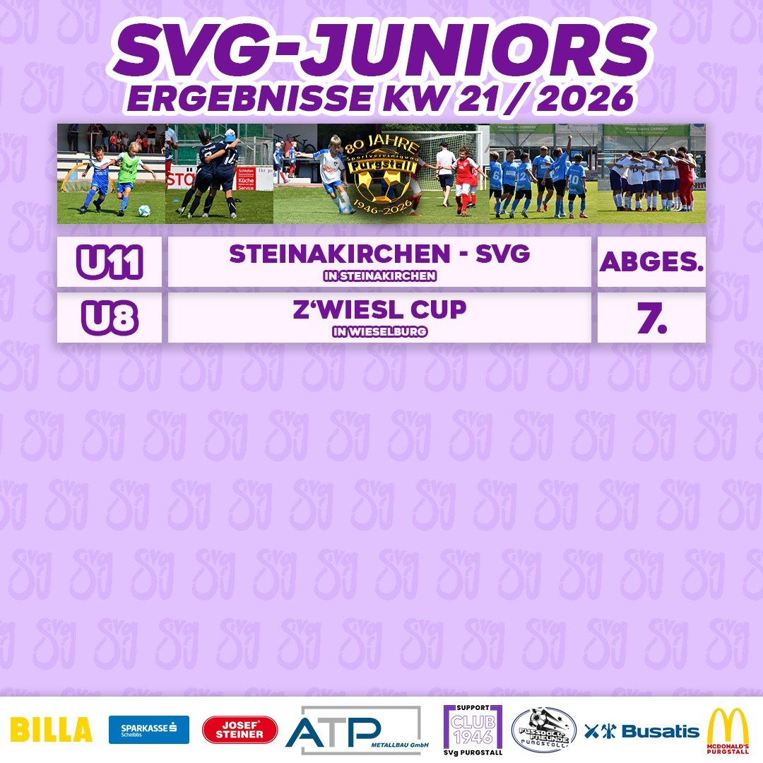 SVg JUNIORS ERGEBNISSE KW21💜🤍
Letzte Woche erreichte unsere U8 den 7. Platz beim Z‘Wiesl Cup in Wieselburg.
Das Match der U11 wurde abgesagt.