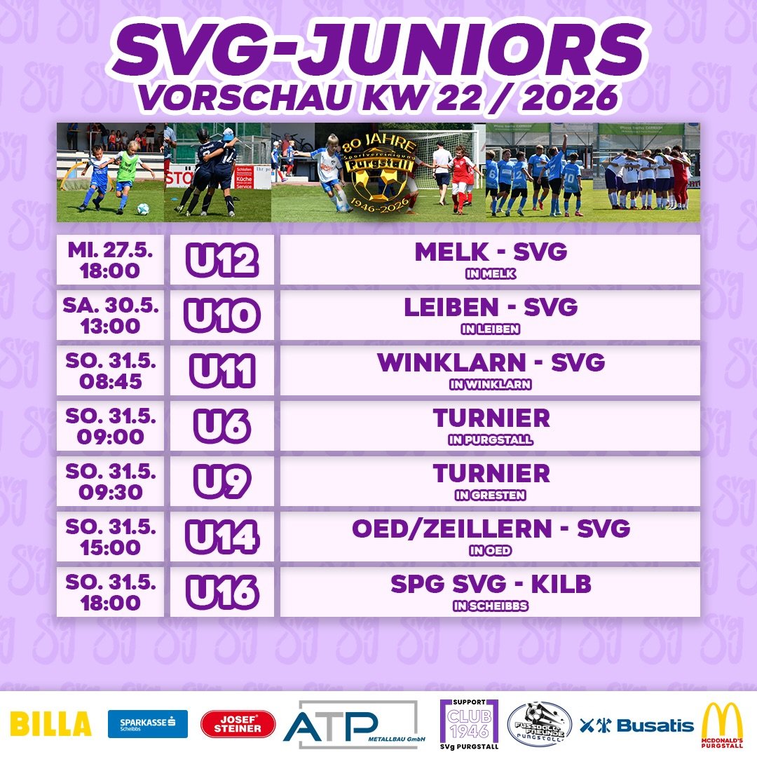 SVg JUNIORS VORSCHAU KW22💜🤍
Dieses Wochenende ist wieder einiges los bei unserem SVg-Nachwuchs.