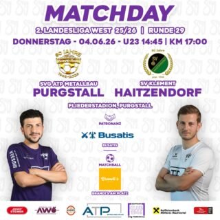 Im letzten Saison-Heimspiel nochmal alles geben!💜🤍

🆚 SV Haitzendorf
🏆 2. Landesliga West 2025/26
🏅 Runde 29
🗓️ Donnerstag, 04.06.26
🕓 U23: 14:45 | KM: 17:00
🏟️ Fliederstadion
📍 Purgstall an der Erlauf
🤝 Patronanz: Busatis
⚽ Matchball: Brandi’s am Platz