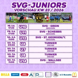 SVg JUNIORS VORSCHAU KW23💜🤍

Für unseren Nachwuchs steht das hier am Programm für diese Woche.