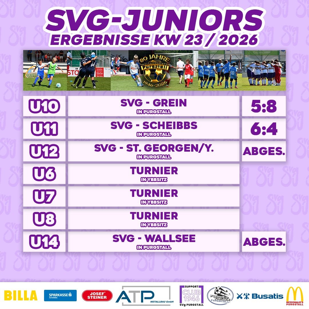 SVg JUNIORS ERGEBNISSE KW23💜🤍

So lief die letzte Woche für unseren SVg-Nachwuchs.