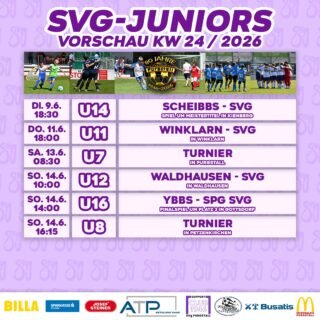 SVg JUNIORS VORSCHAU KW24💜🤍

Woche der Entscheidungen bei unseren SVg-Juniors.

Unsere U14 kann bereits am Dienstag in Kienberg gegen den ex aequo Erstplatzierten Scheibbs den Meistertitel einfahren.

Die U12 kann sich am Sonntag in Waldhausen zum Meister krönen.

Und unsere U16 spielt im „Finalspiel“ um Platz 3 in der JHG West U16 gegen Ybbs (in Gottsdorf).

Kommt vorbei und unterstützt unseren Nachwuchs💪🏻🤩