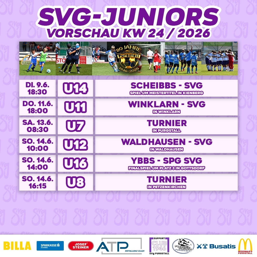 SVg JUNIORS VORSCHAU KW24💜🤍

Woche der Entscheidungen bei unseren SVg-Juniors.

Unsere U14 kann bereits am Dienstag in Kienberg gegen den ex aequo Erstplatzierten Scheibbs den Meistertitel einfahren.

Die U12 kann sich am Sonntag in Waldhausen zum Meister krönen.

Und unsere U16 spielt im „Finalspiel“ um Platz 3 in der JHG West U16 gegen Ybbs (in Gottsdorf).

Kommt vorbei und unterstützt unseren Nachwuchs💪🏻🤩