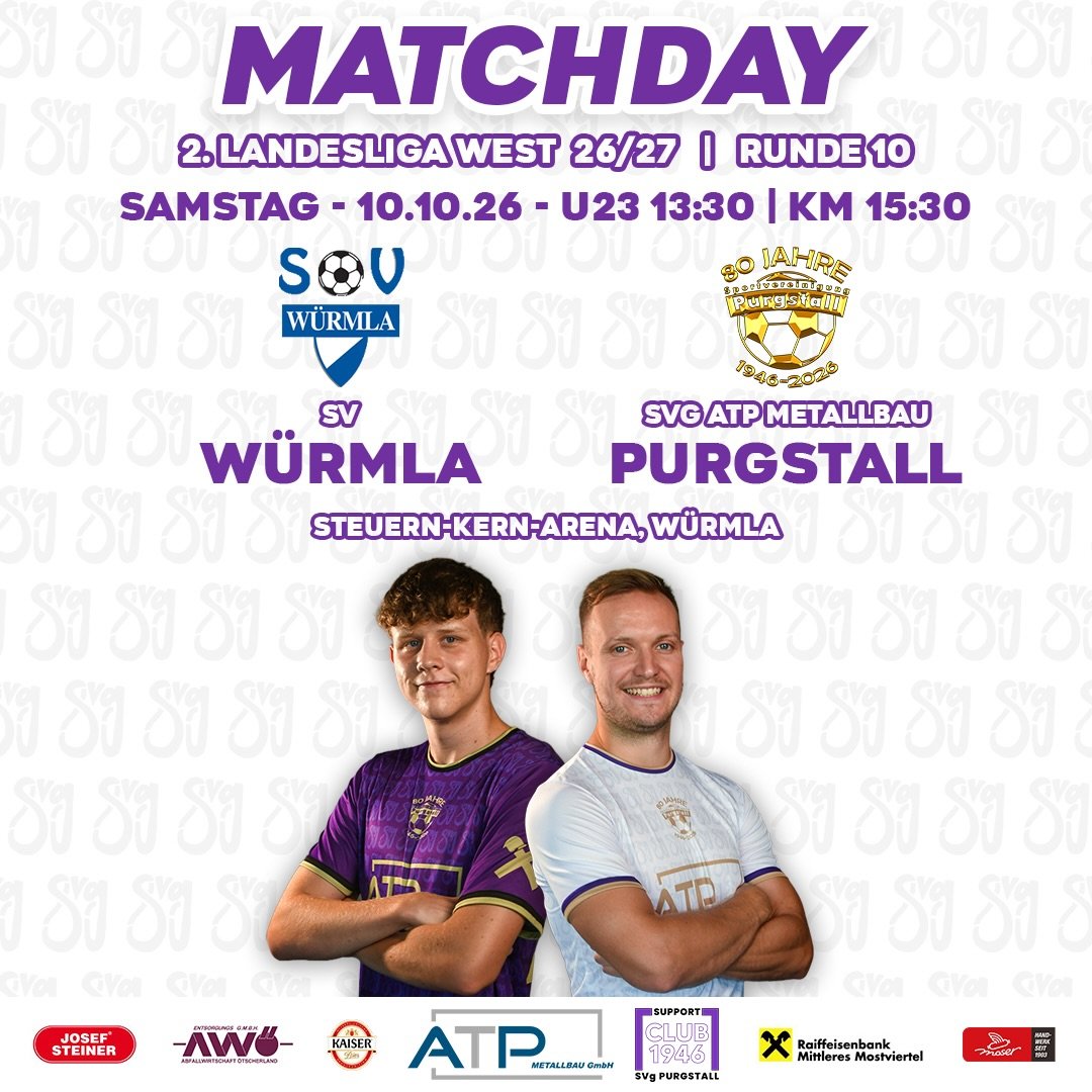 Auf Punktejagd in Würmla!💜🤍
🆚 SV Würmla
🏆 2. Landesliga West 2026/27
🏅 Runde 10
🗓️ Samstag, 10.10.26
🕓 U23: 13:30 | KM: 15:30
🏟️ Steuern-Kern-Arena
📍 Würmla